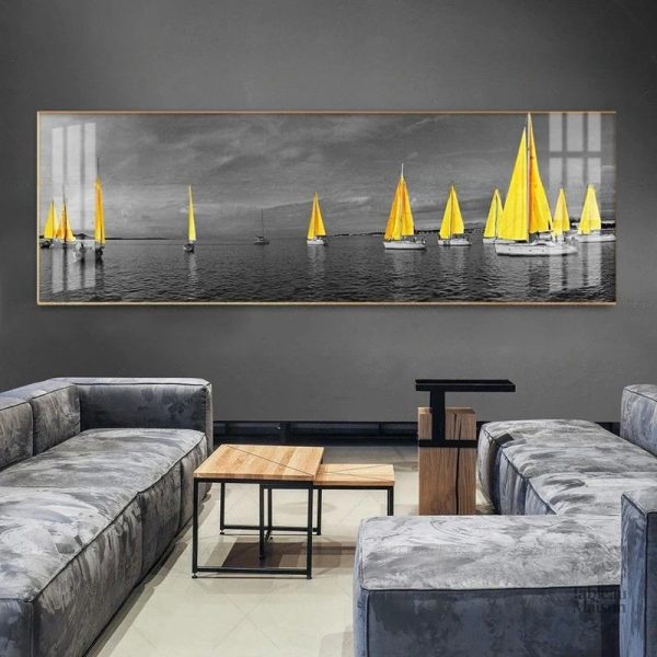 Tableau Voilier Jaune et Noir sur fond blanc