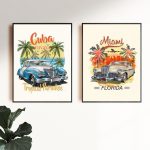 Illustration d'une voiture cubaine sur fond vibrant