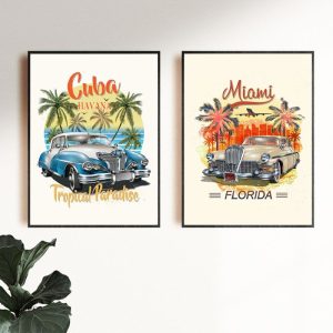 Illustration d'une voiture cubaine sur fond vibrant
