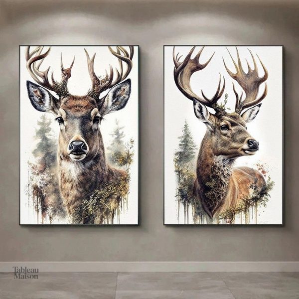 Reproduction aquarelle d’un cerf majestueux sur toile