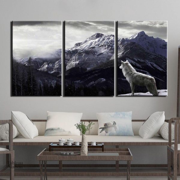 Art mural triptyque représentant des loups majestueux