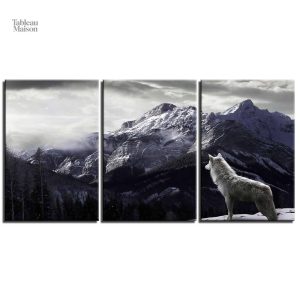 Décor mural loup des montagnes en trois panneaux distincts